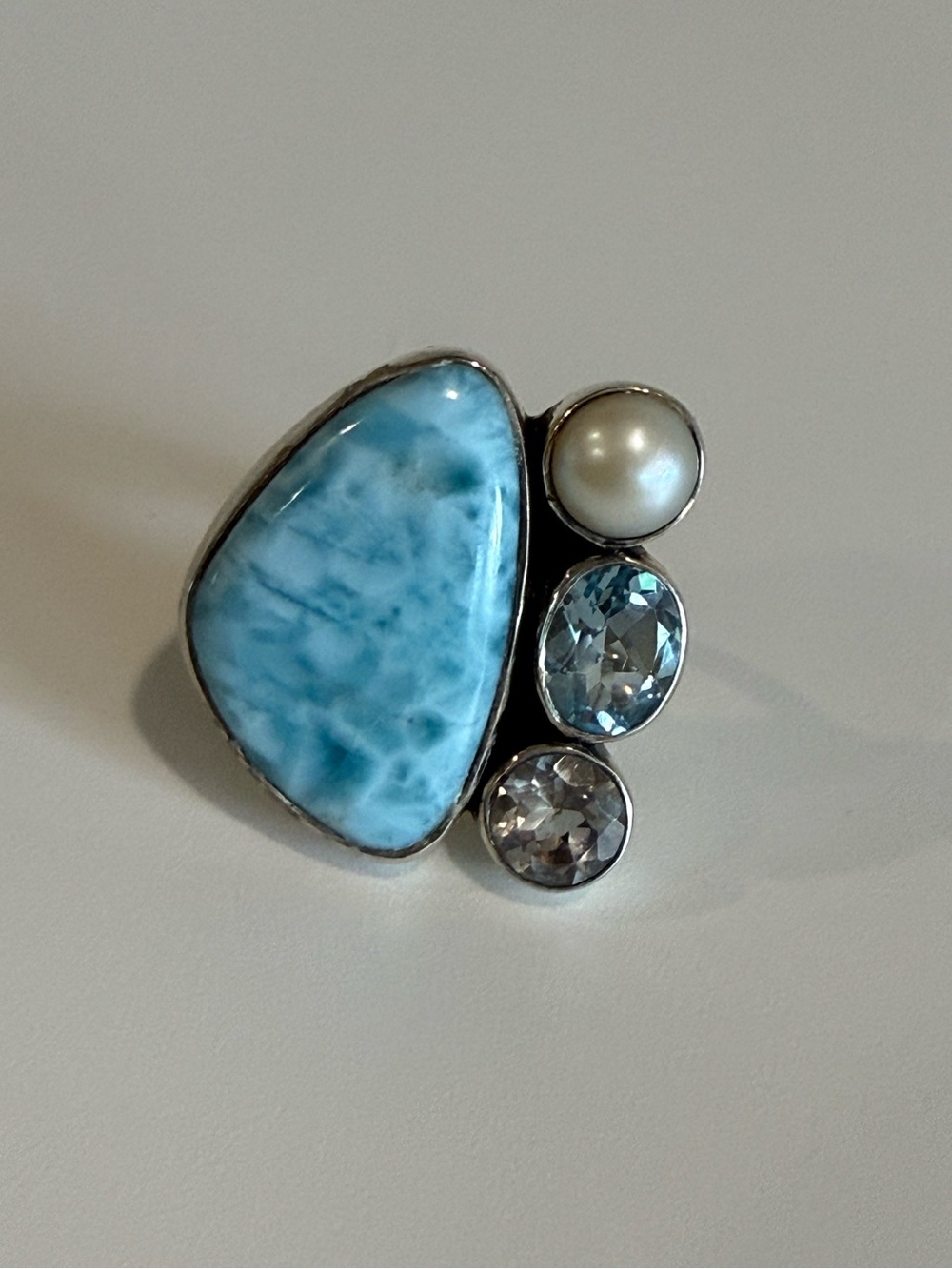 VTG Sterling Silver Arya Blue Larimar & Pearl Statement Ring